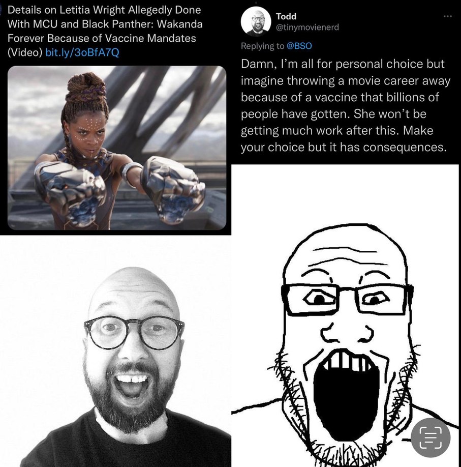 Real life soyjack responds to story of black actress refusing the vax - meme