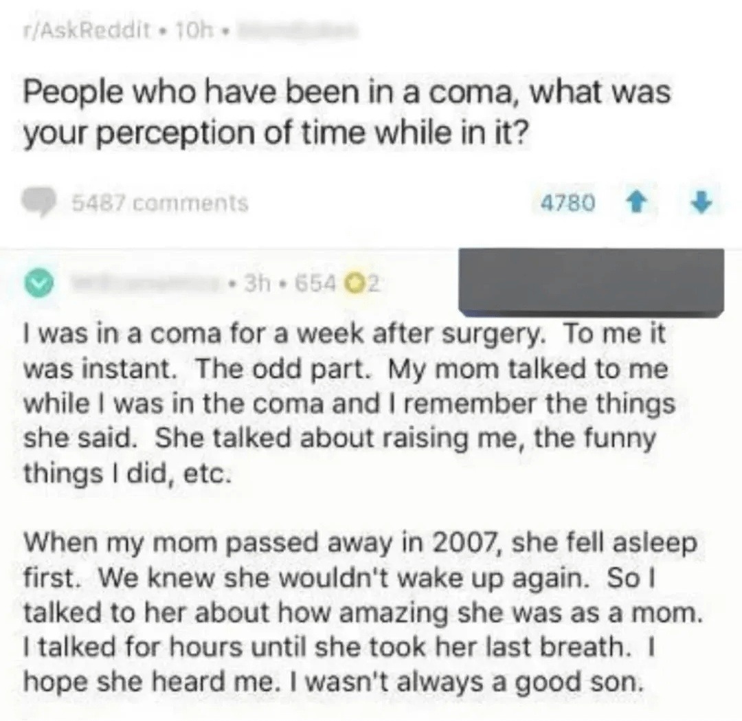 Guy was in a coma for a week but remembers what his mom said to him and now I’m crying - meme
