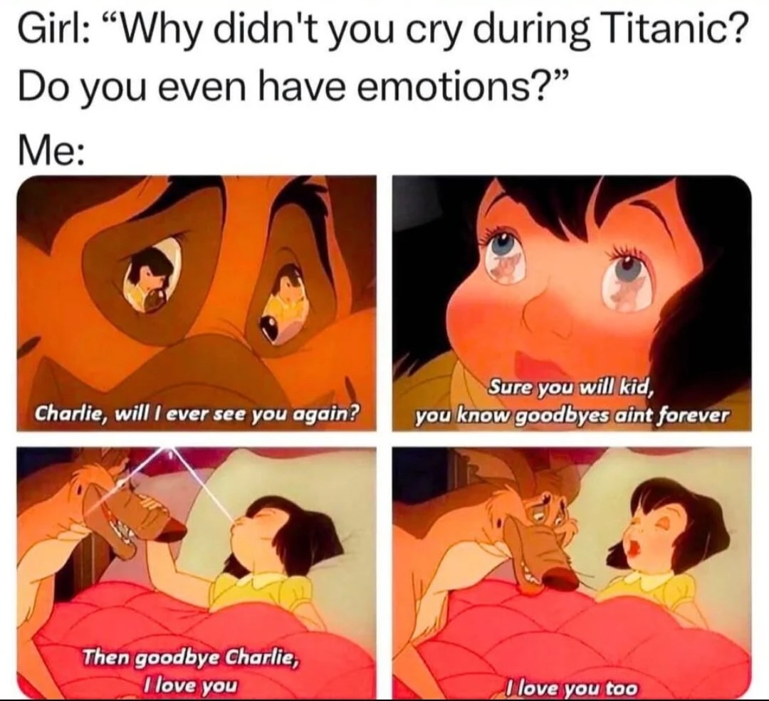 ﻿66 Girl: didn’t you cry during Titanic? Do you even have emotions?” Me: Sure you will kid , Charlie, will ever see you again? you knowgoodbyes aint forever Then goodbye Charlie; love you you too Why love