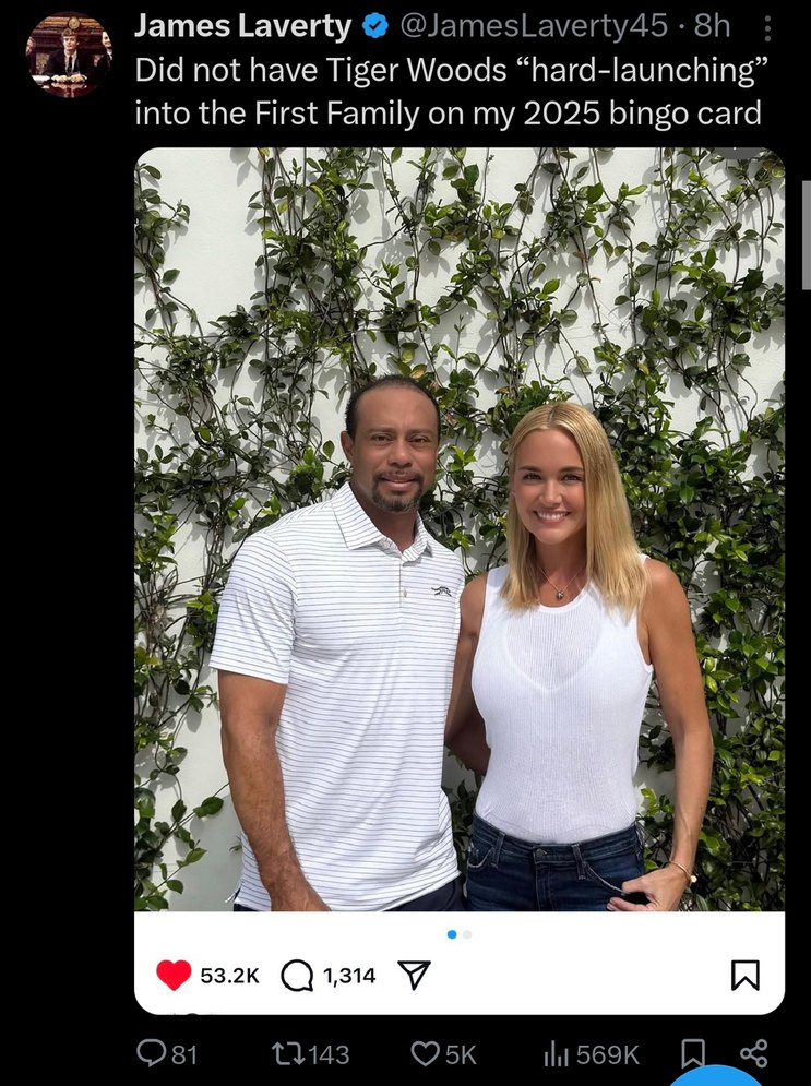 Tiger Woods entering the First Family storyline was not on my 2025 bingo card - meme