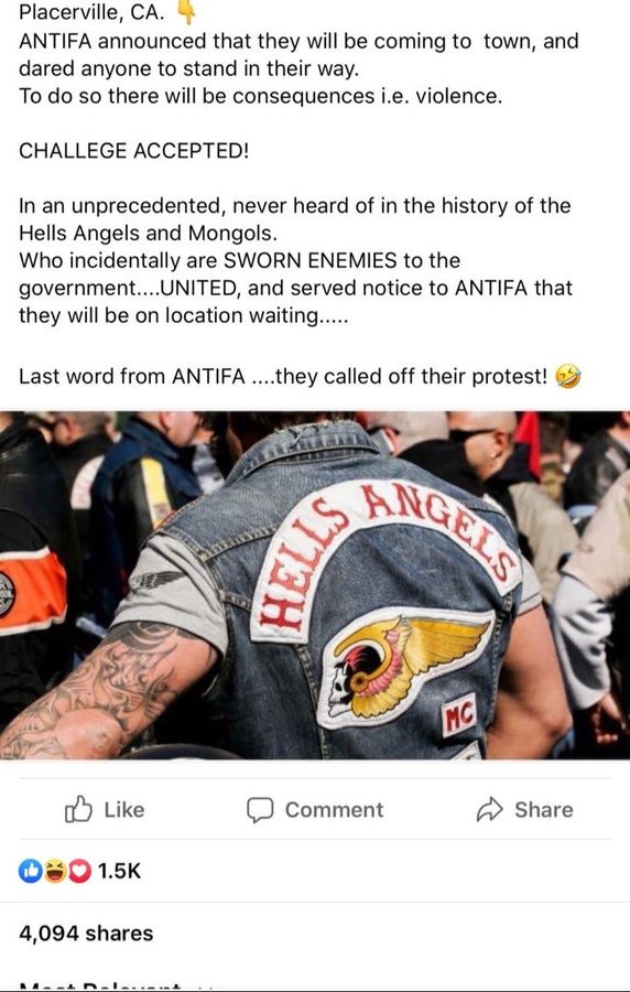 Antifa Anarchist VS Hells Angels Motorcycle Club MC in Placerville Clash - meme