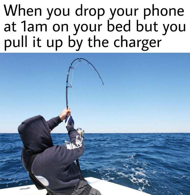 When you drop your phone at 1am on your bed but you pull it up by the charger - meme