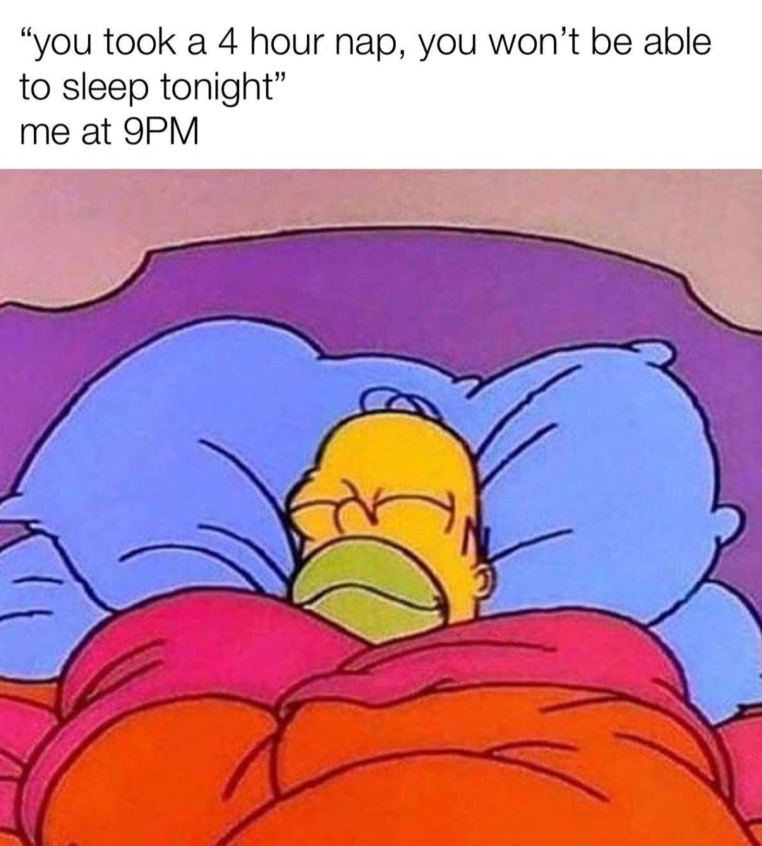 You took a 4 hour nap and think you’ll sleep at 9PM? Good luck with that - meme