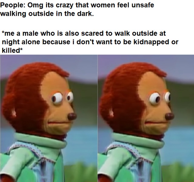 It's crazy that women feel unsafe walking outside in the dark - meme
