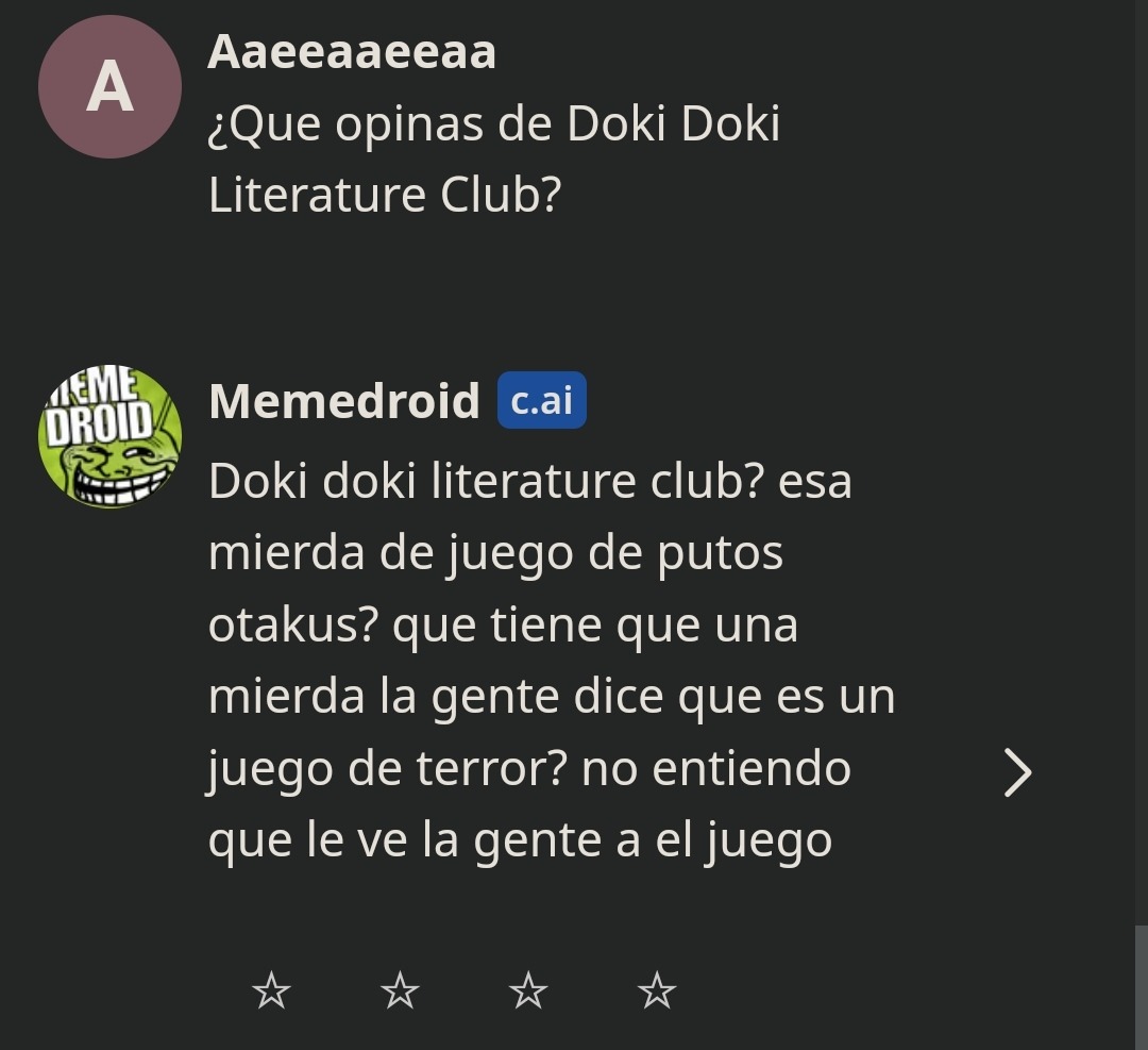 El chatbot de memedroid de Playror opina sobre Doki Doki Literature Club