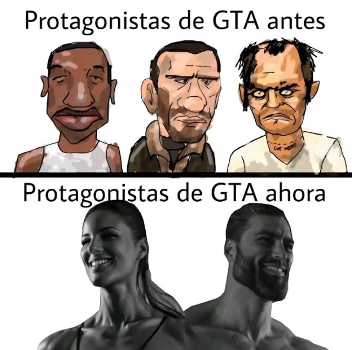 Protagonistas antes vs ahora (pasamos de chocolatito a serbio a loco del desierto y ahora una pareja chad de mujer chad y hombre chad) - meme