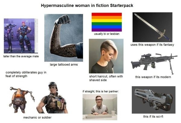 Hypermasculine woman in fiction starterpack - meme