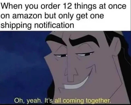 Ordered 12 things, got one shipping email. It’s all coming together - meme