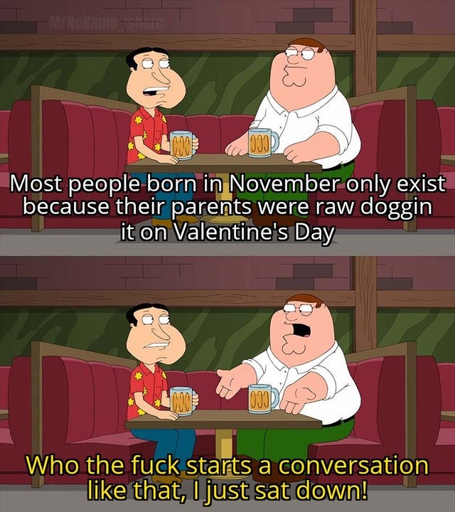 Most people born in November only exist because their parents were raw doggin it on Valentine's day - meme