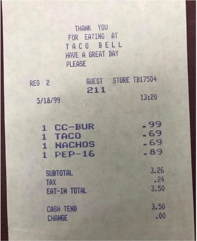 A perfectly preserved taco bell receipt from 1999 found inside a library book - meme