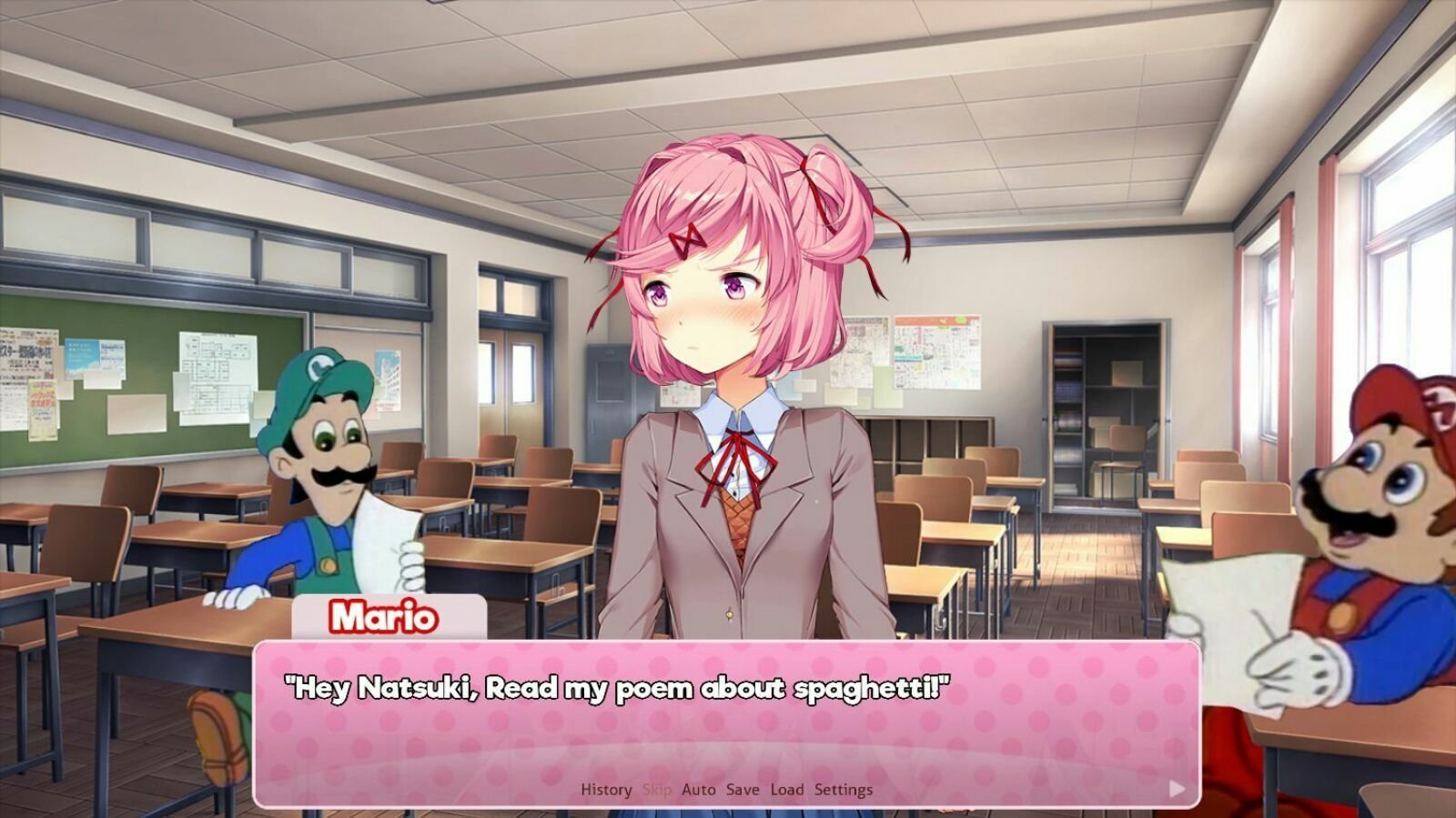 Sadly not something I made but I find this funny. Also this is based off of the "visual novel" (I assume its that from the little bit of video I've seen) Doki Doku Literature Club - meme