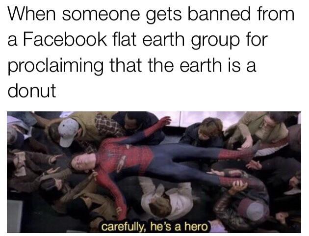 When someone gets banned from a Facebook falt earth group for proclaiming that the earth is a donut - meme