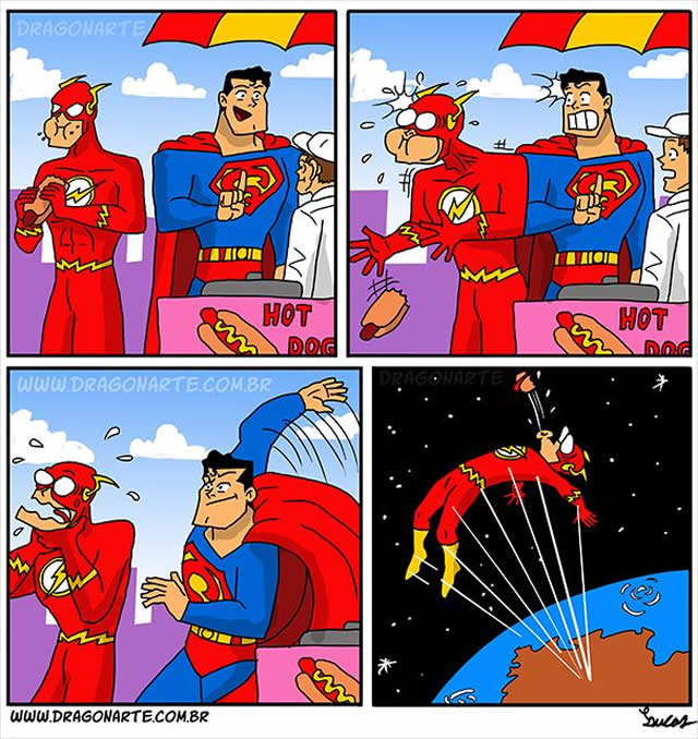 Era uma vez, dois heróis, Superman e Flash, e eles foram pro Circo, Flash se engasgou e Superman dou ajudar... Sentimos saudades do Flash - meme