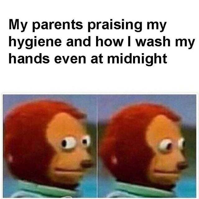 My parents praising my hygiene and how i wash my hands even at midnight - meme