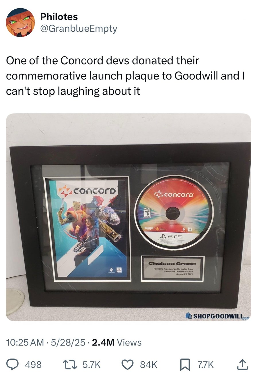 Concord dev donated their launch plaque to Goodwill lmao - meme
