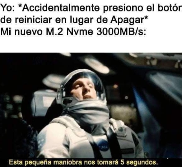 Presioné reiniciar por error y mi SSD lo tomó como una carrera de F1 - meme