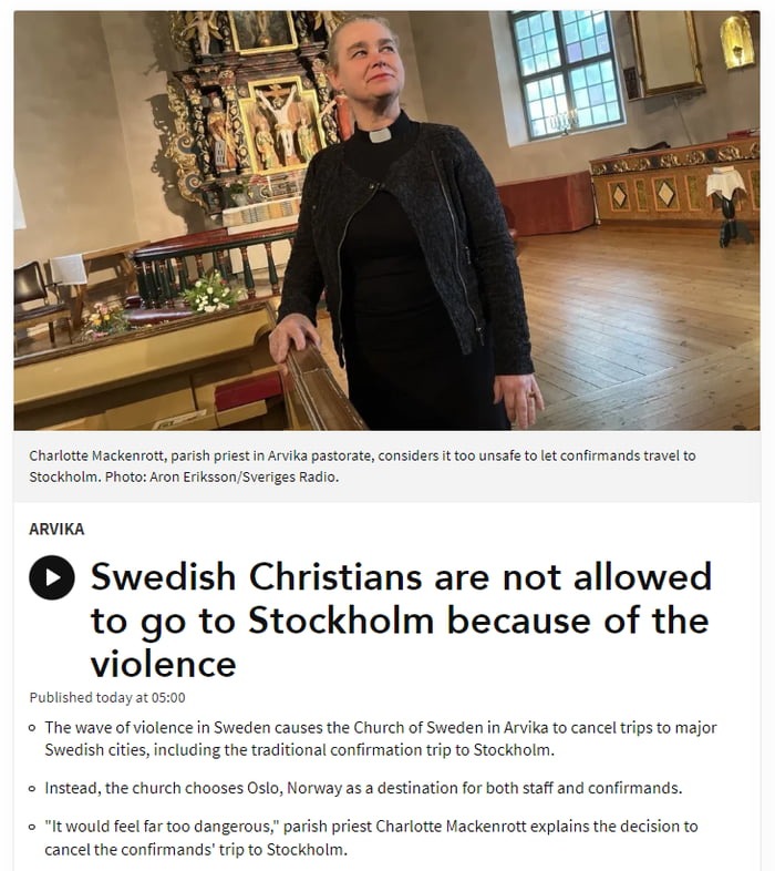 The Church of Sweden cancels trips to major Swedish cities to avoid Low-intensity Civil War. Instead, the church chooses Norway as a destination for safety. - meme