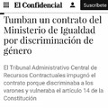 Tumban un contrato del Ministerio de IGUALDAD por discriminación de género