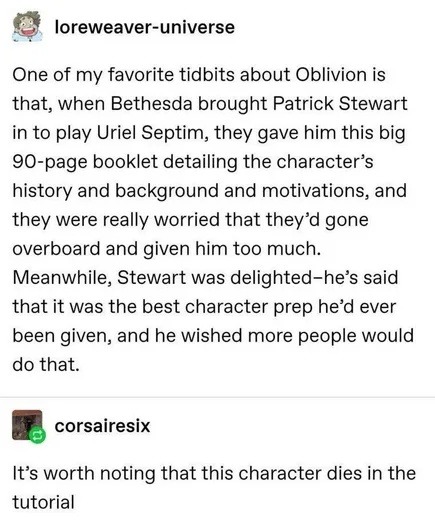Patrick Stewart got 90 pages of lore to die in tutorial - meme