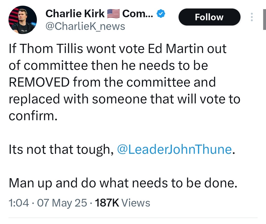 Charlie Kirk wants Thom Tillis yeeted from the committee ASAP - meme