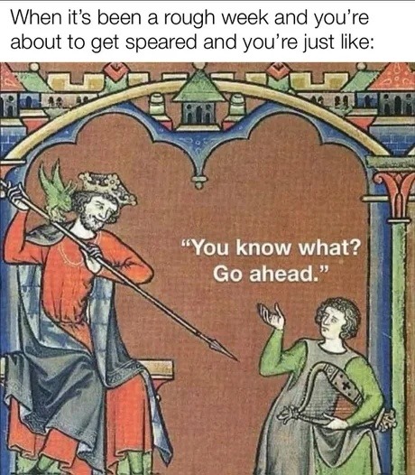 It’s been a week. Just go ahead and spear me, bro - meme