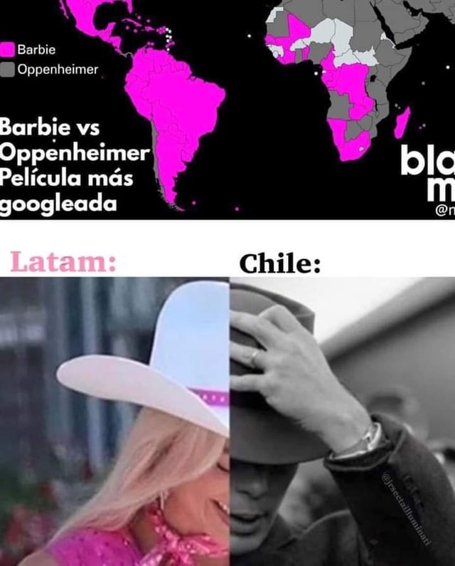 meme de las busqueda de Barbie vs Oppenheimer por países