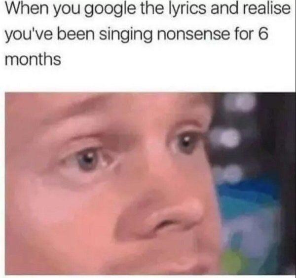 When you google the lyrics and realize you've been singin nonsense for 6 months - meme