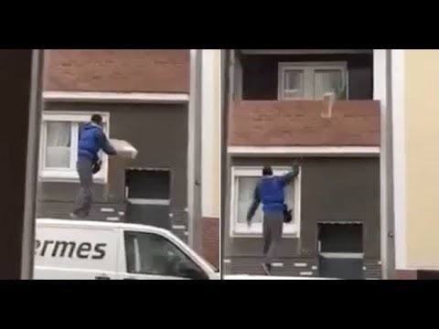 Delivery to be left on second story balcony? No Problem. Leap from van while tossing the package - score! - meme