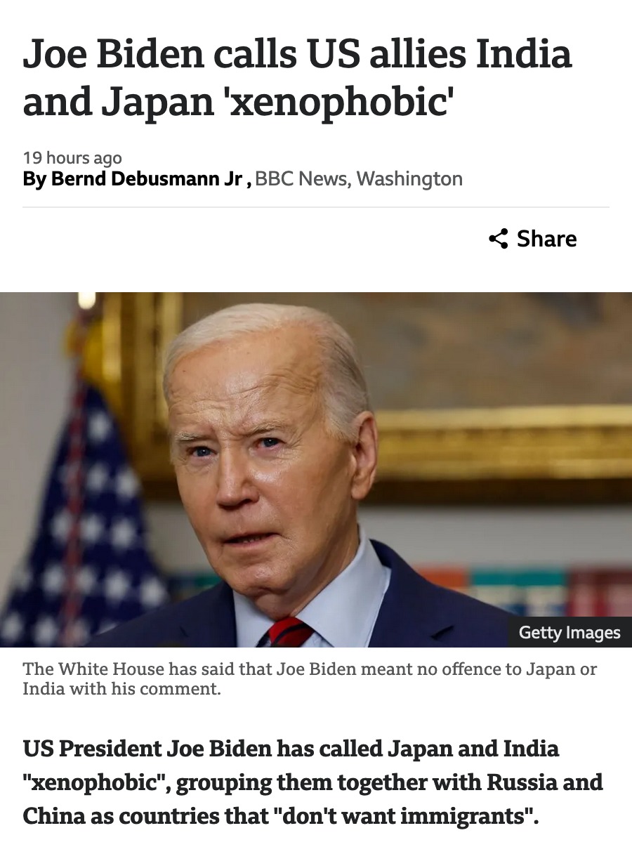 Joe Biden calls US allies India and Japan 'xenophobic' - meme