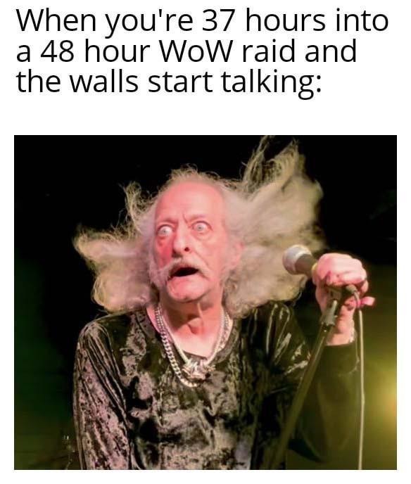 37 hours into a 48h WoW raid and now the walls are talking - meme