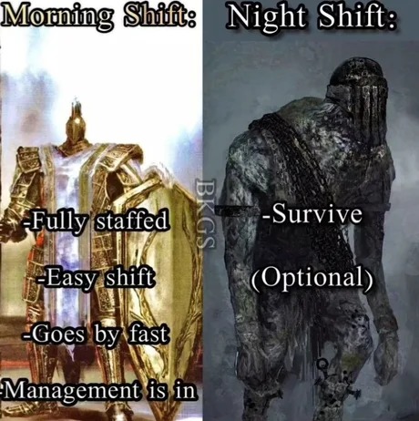 Morning shift vs night shift - meme