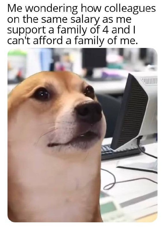 How do my colleagues support a family of 4 while I'm barely surviving myself? #SalaryStruggles - meme