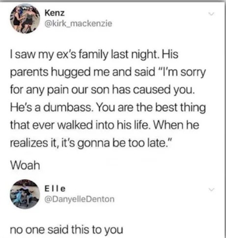 Ex’s parents calling him a dumbass is next-level closure - meme