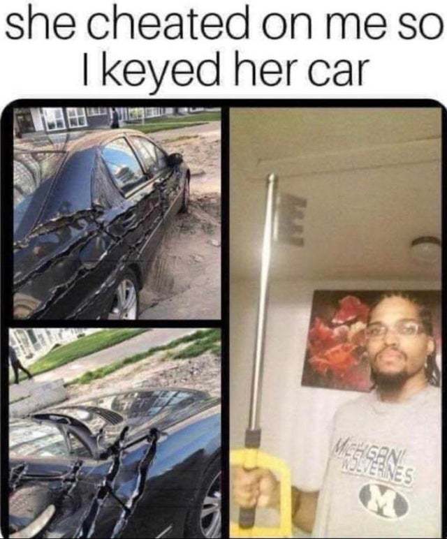 She cheated on me so I keyed her car - meme