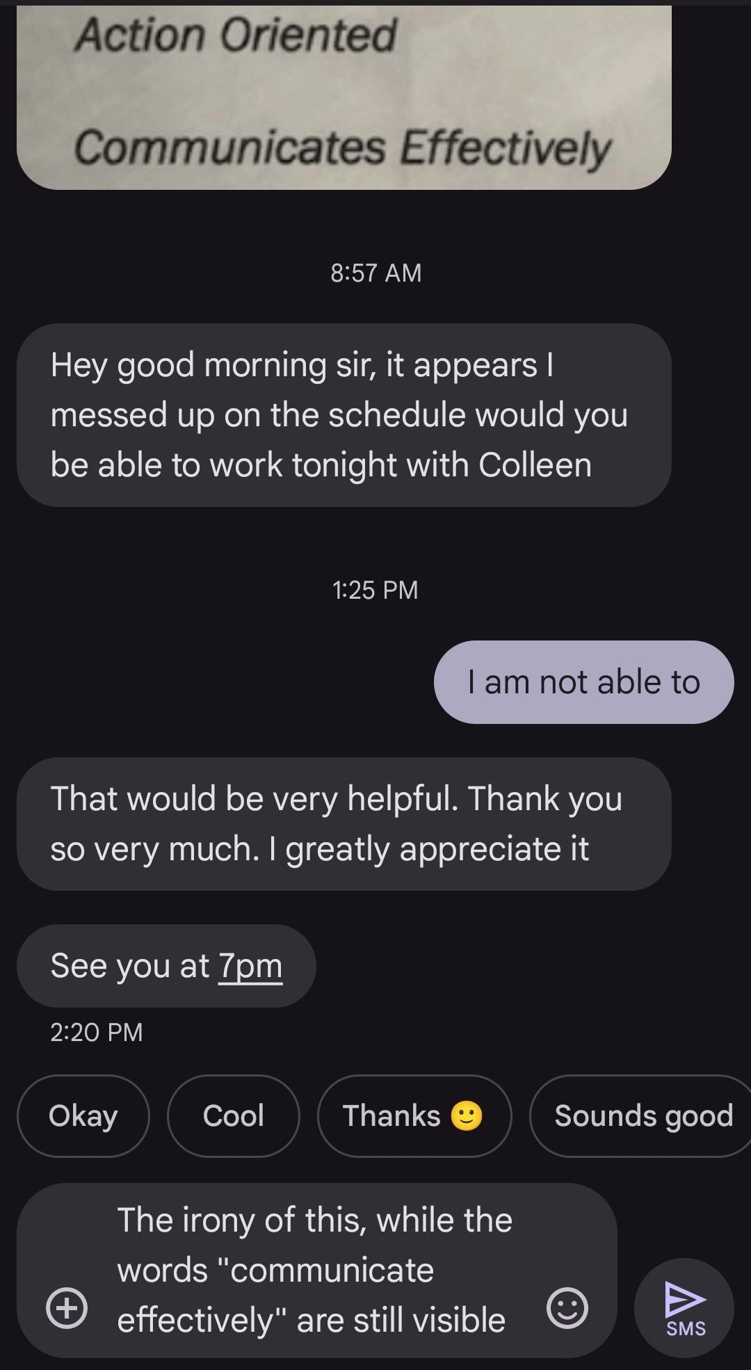 The irony of 'communicates effectively' while ghosting a shift - meme