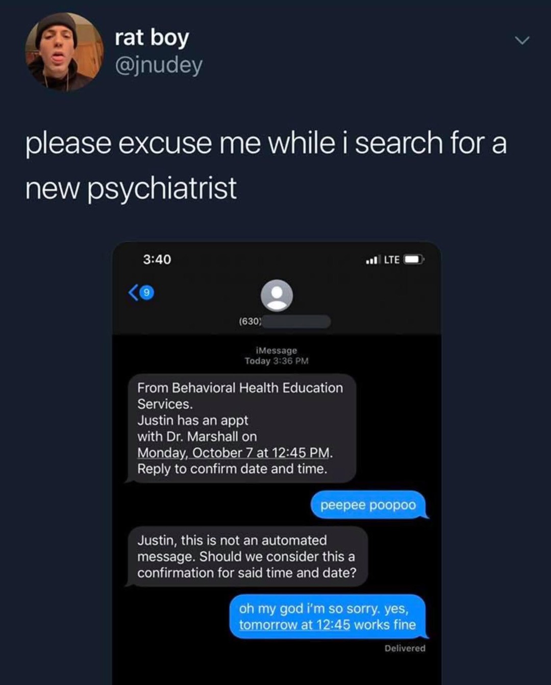 justin pls don’t say peepee poopoo to your psychiatrist - meme