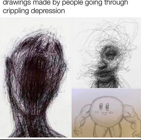 Desenho feito por pessoas com depressão, ou sla que merda tá escrito, tem o kyrbi bombado - meme