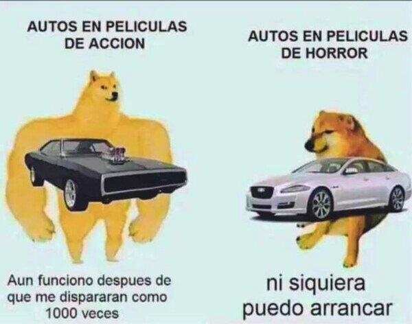 Coches en pelis de acción vs en peliculas de terror - meme