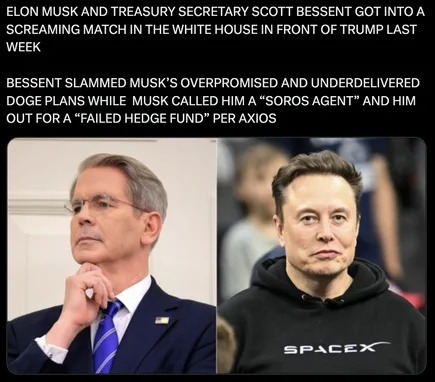 Elon Musk and the treasury guy beefing like it's high school drama - meme