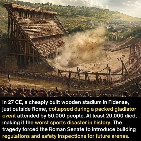 ﻿In 27 CE, a cheaply built wooden stadium in Fidenae; just outside Rome, collapsed during a packed gladiator event attended by 50,000 people: At least 20,000 died, making it the worst sports disaster in history: The tragedy forced the Roman Senate to introduce building regulations and safety inspections for future arenas: