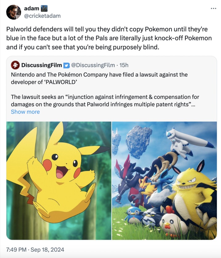 Nintendo vs Palworld lawsuit meme