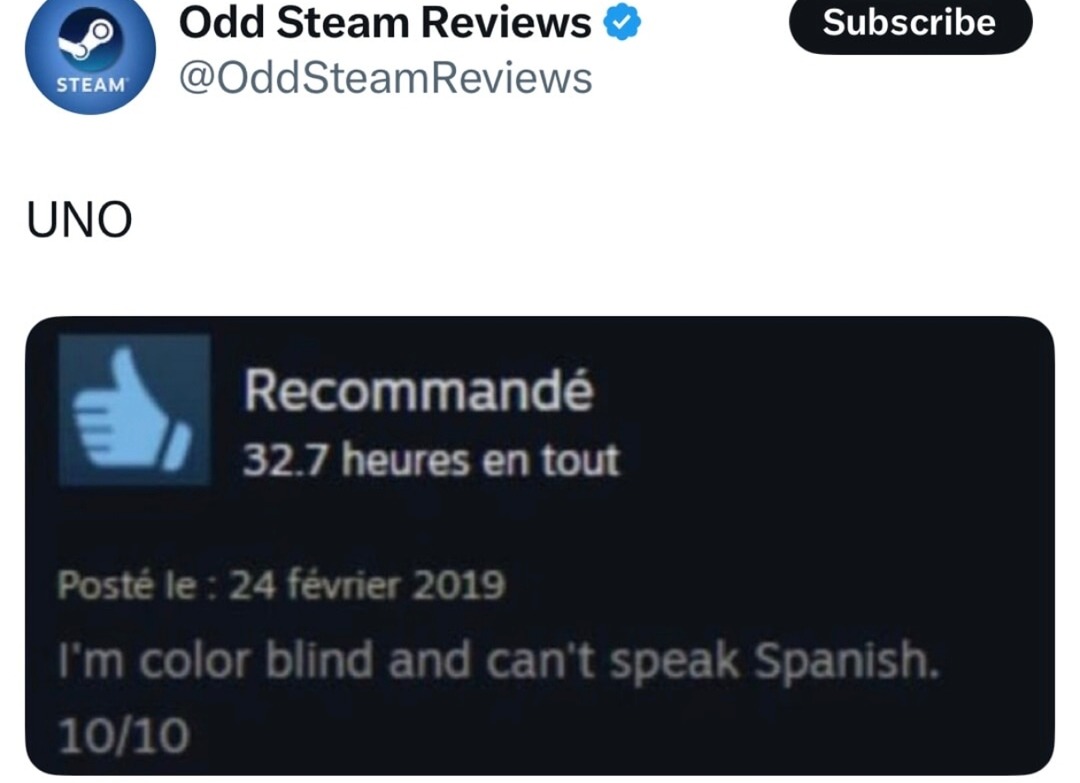 Steam review: I’m colorblind and can’t speak Spanish… 10/10 - meme