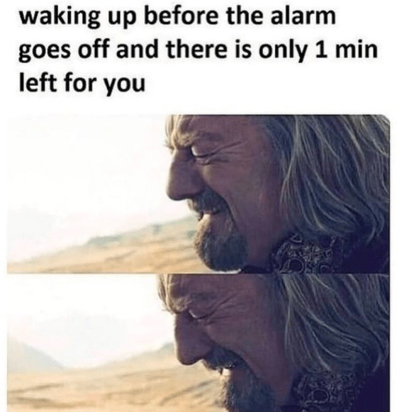 Waking up before your alarm just to suffer - meme
