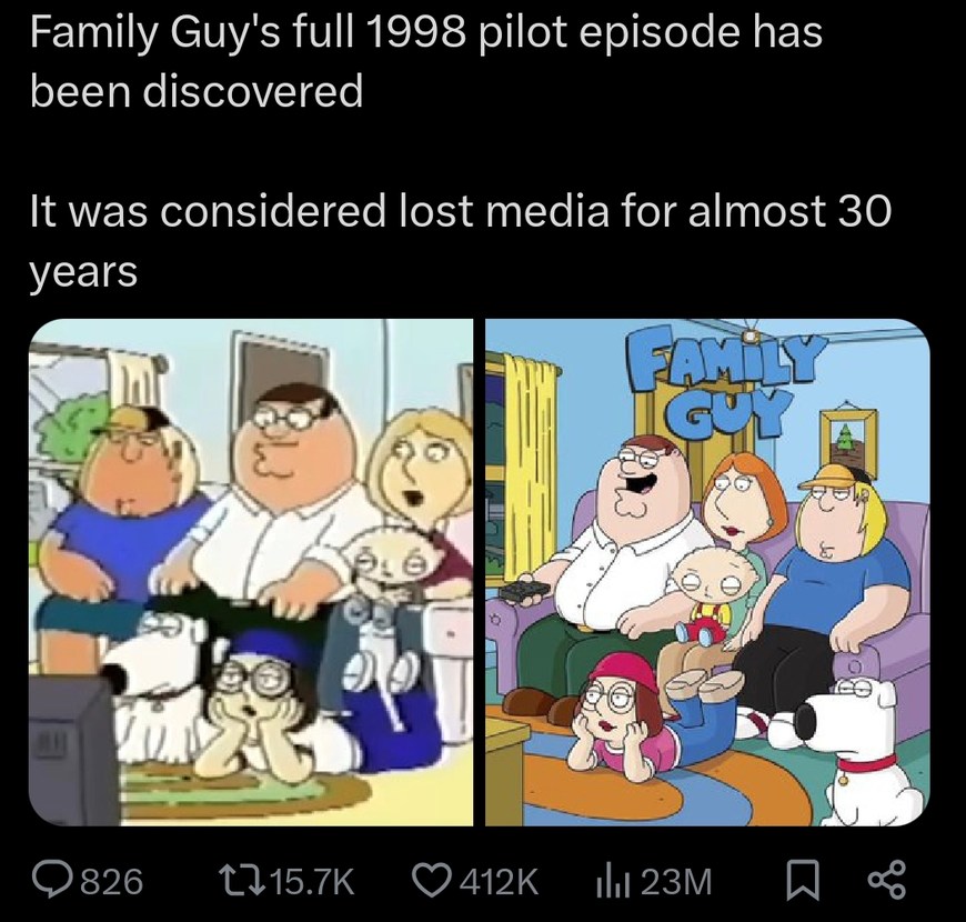 Family Guy’s lost 1998 pilot has been found. Peak archaeology - meme