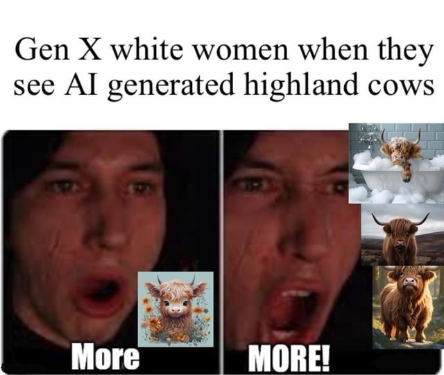 Gen X white women seeing AI highland cows be like: MOAR - meme