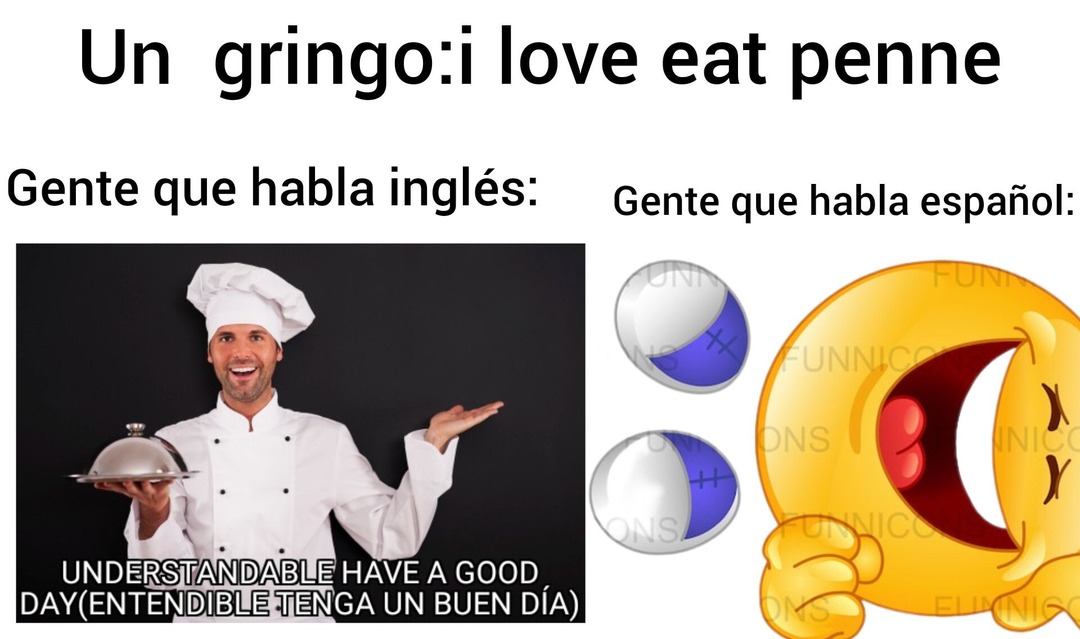 Traducción:i love eat penne (yo amo comer pasta) - meme