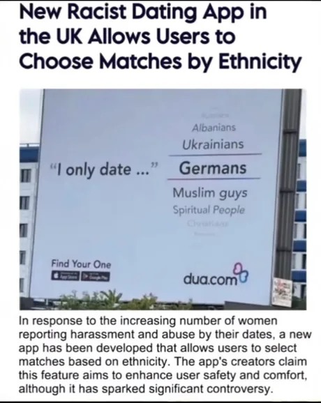 Dating app allows users to filter by ethnicity - meme