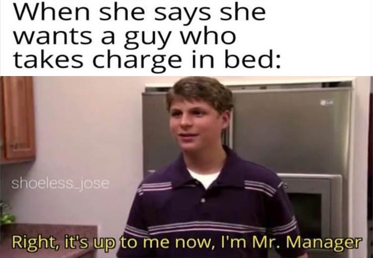 She wants a man who takes charge and now I'm Mr. Manager - meme
