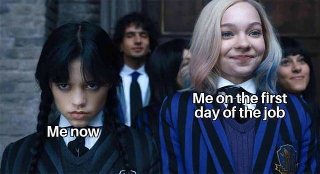 Day one on the job vs day now - meme