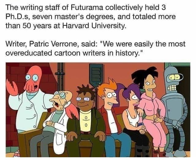 ﻿The writing staff of Futurama collectively held 3 Ph.D.s; seven master’s degrees, and totaled more than 50 years at Harvard University: Writer; Patric Verrone, said: “We were easily the most overeducated cartoon writers in history: ‘